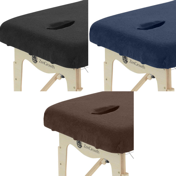 Tweedekans set Badstof Hoeslakens Massagetafel met Uitsparing Chocolade + Marineblauw + Zwart