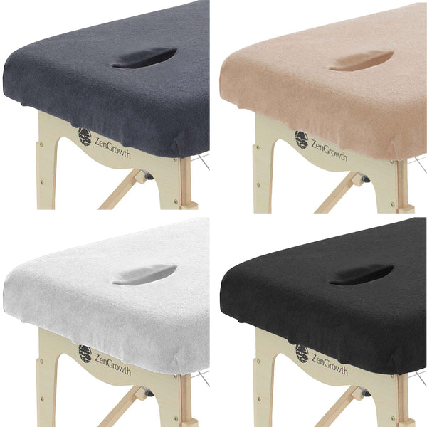 Tweedekans set Badstof Hoeslakens Massagetafel met Uitsparing Wit+ Lichtbruin + Zwart + Grijs