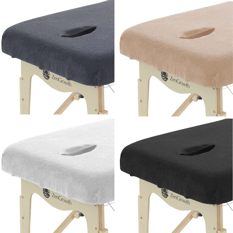 Tweedekans set Badstof Hoeslakens Massagetafel met Uitsparing Wit+ Lichtbruin + Zwart + Grijs