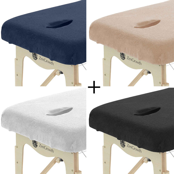 Tweedekans set Badstof Hoeslakens Massagetafel met Uitsparing Wit+ Lichtbruin + Chocoladebruin + Lichtblauw